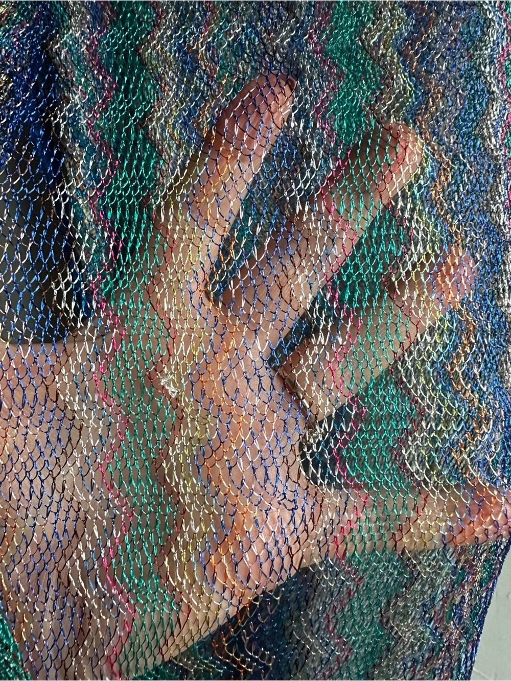 Metallic Mesh Knit Fringe Shawl Teal Blue Boho Festival Y2K Scarf 74x34